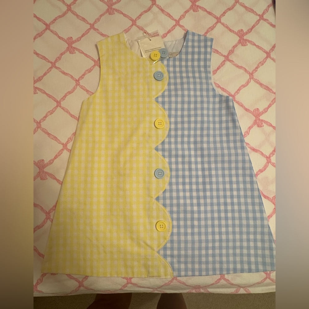 Yellow and Blue Gingham Dress with Scalloped Edge